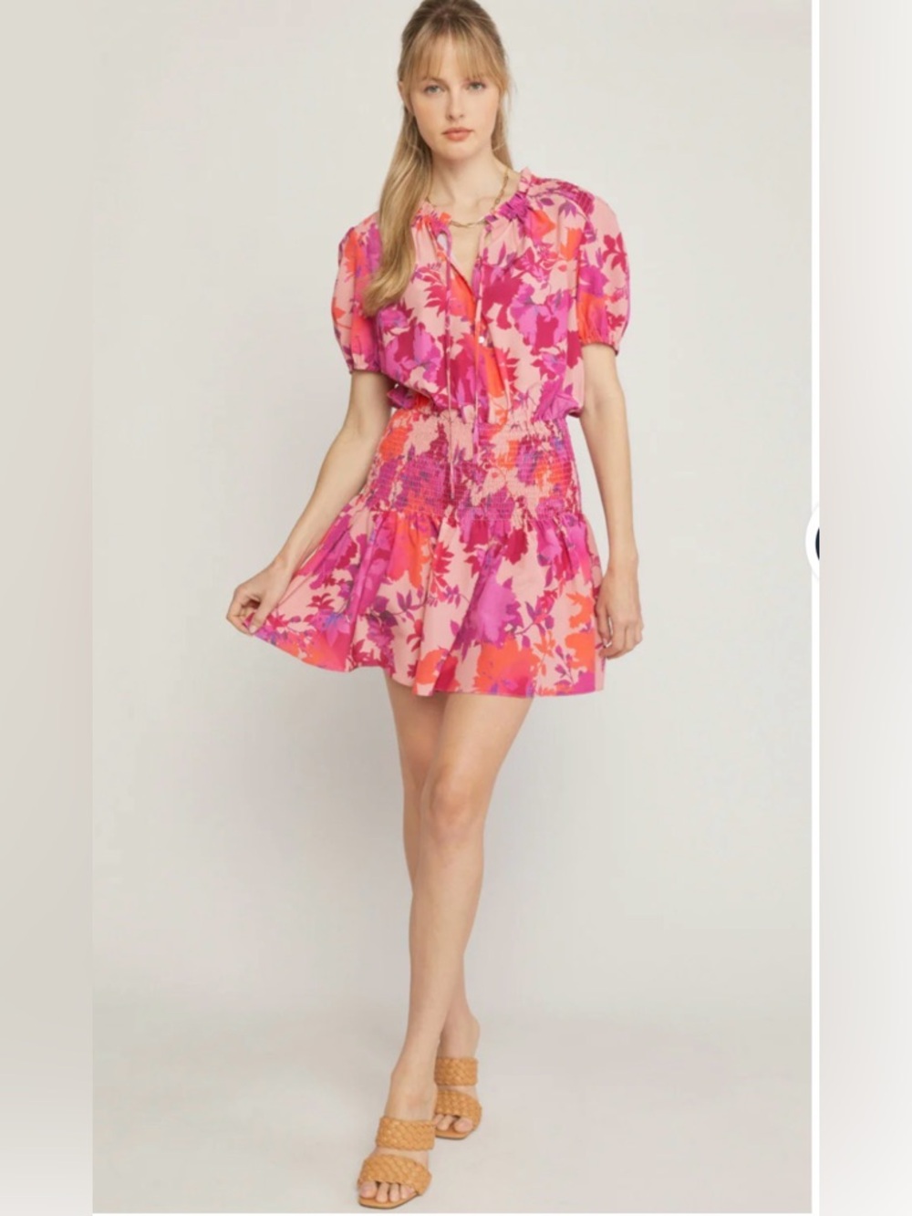 Boutique Vibrant Pink & Coral Floral Smocked Waist Dress by FIRST❤️ LOVE BRB SL4 - Picture 4 of 11
